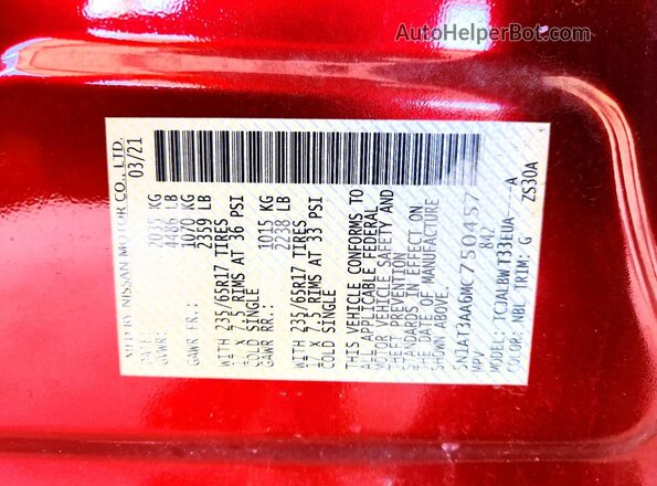 5N1AT3AA6MC750457 2021 NISSAN ROGUE Red Widok naklejki z numerem VIN