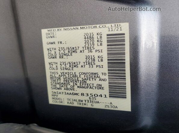 5N1AT3AA6MC835041 2021 NISSAN ROGUE Gray VIN კოდის სტიკერის ხედი