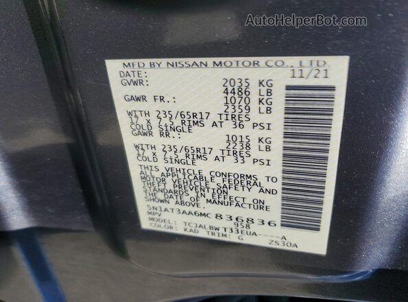 5N1AT3AA6MC836836 2021 NISSAN ROGUE Gray Widok naklejki z numerem VIN