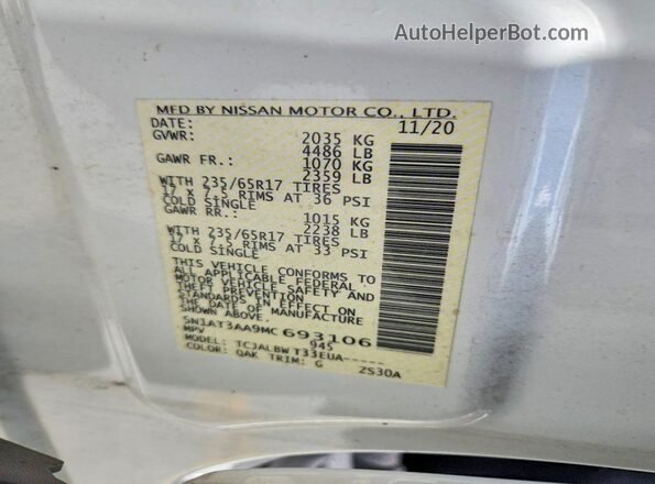 5N1AT3AA9MC693106 2021 NISSAN ROGUE White Панорамний вид салону 360°