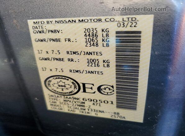 5N1AT3AA9NC690501 2022 NISSAN ROGUE Gray Vista interior de 360 grados