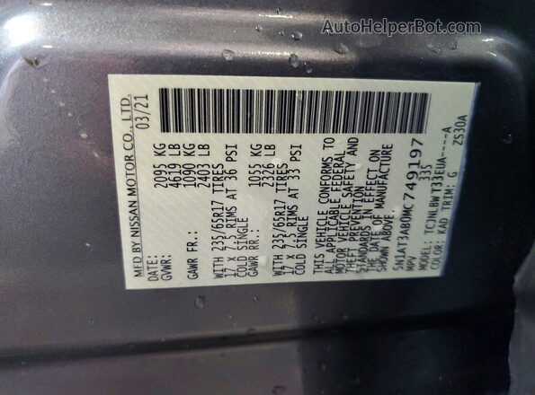 5N1AT3AB0MC749197 2021 NISSAN ROGUE Gray Widok naklejki z numerem VIN