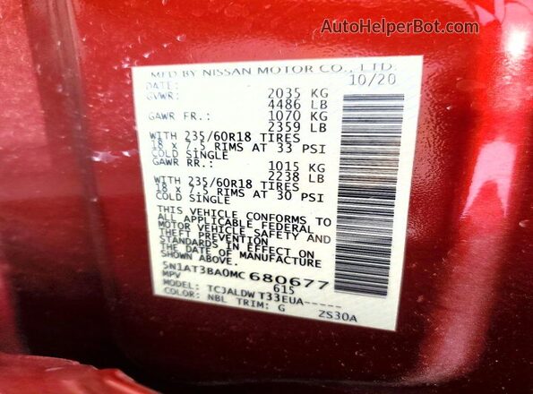 5N1AT3BA0MC680677 2021 NISSAN ROGUE Red VIN կոդի պիտակի տեսք