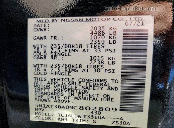 5N1AT3BA0MC802809 2021 NISSAN ROGUE Black VIN კოდის სტიკერის ხედი