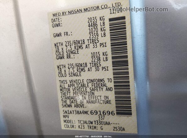 5N1AT3BA4MC691696 2021 NISSAN ROGUE Gray Vista del compartimento del motor
