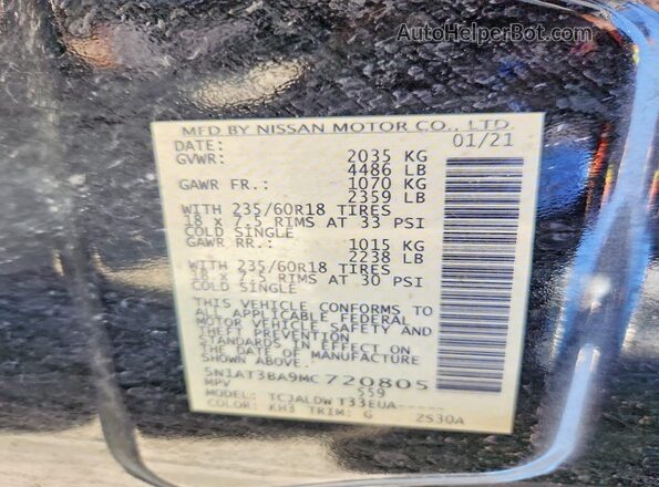 5N1AT3BA9MC720805 2021 NISSAN ROGUE Black Vista de la etiqueta del VIN