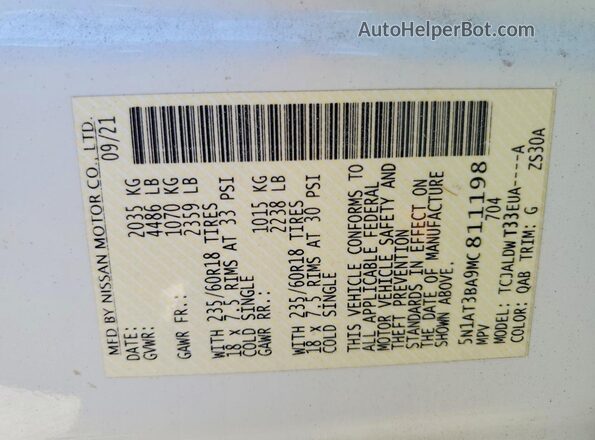 5N1AT3BA9MC811198 2021 NISSAN ROGUE Белый Вид наклейки с VIN-кодом
