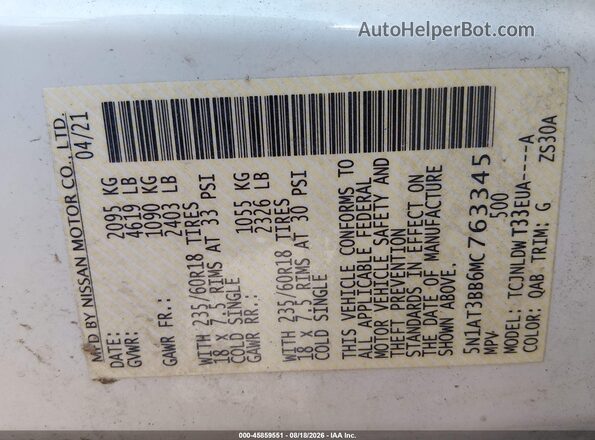 5N1AT3BB6MC763345 2021 NISSAN ROGUE White Вид підкапотного простору