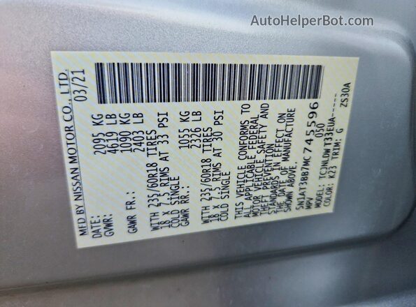 5N1AT3BB7MC745596 2021 NISSAN ROGUE Silver Շարժիչի բաժամունքի տեսք
