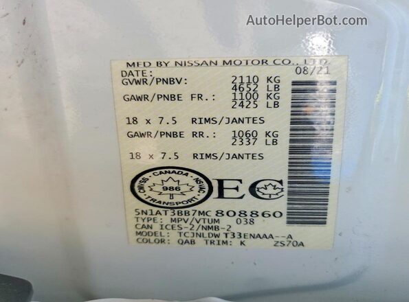 5N1AT3BB7MC808860 2021 NISSAN ROGUE White Widok wnętrza 360 stopni