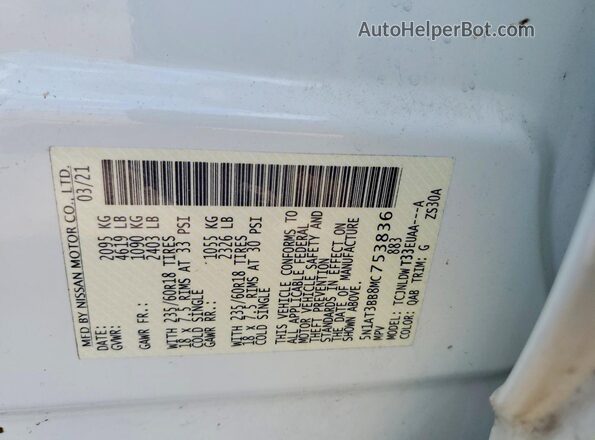 5N1AT3BB8MC753836 2021 NISSAN ROGUE Белый Вид наклейки с VIN-кодом