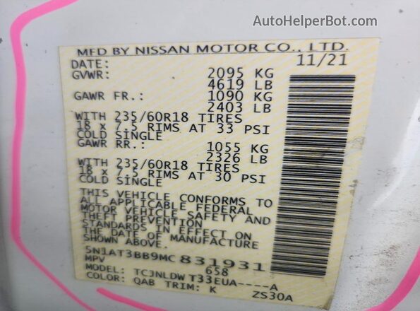 5N1AT3BB9MC831931 2021 NISSAN ROGUE White VIN sticker view