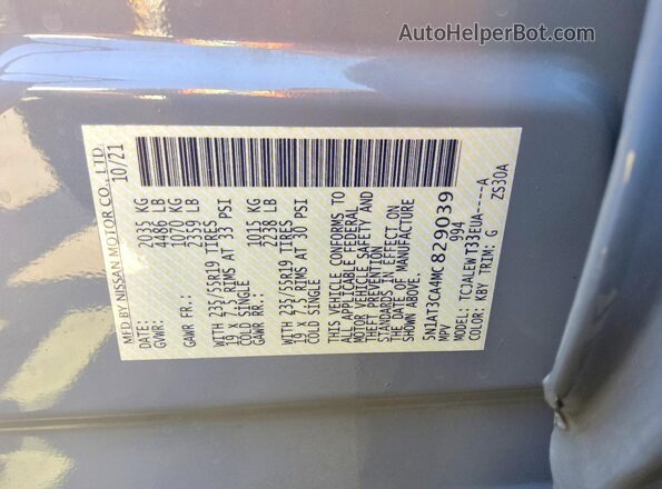 5N1AT3CA4MC829039 2021 NISSAN ROGUE Gray Вид наклейки з VIN-кодом