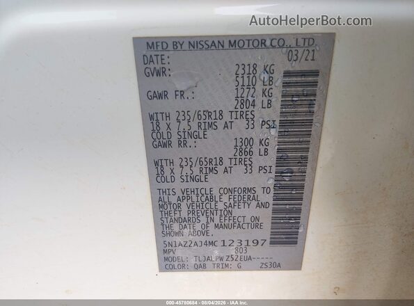 5N1AZ2AJ4MC123197 2021 NISSAN MURANO Белый Вид подкапотного пространства