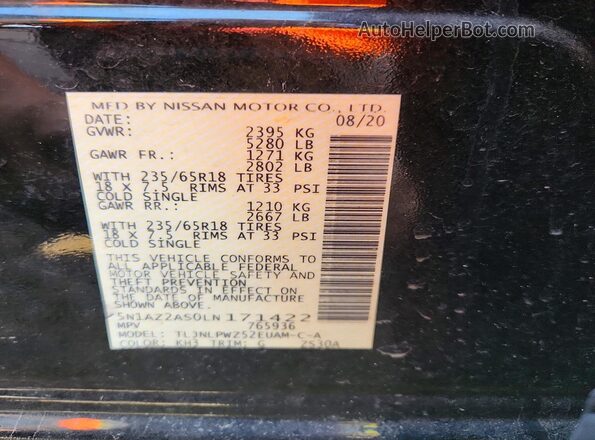 5N1AZ2AS0LN171422 2020 NISSAN MURANO Black VIN კოდის სტიკერის ხედი