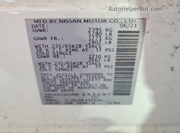 5N1AZ2AS4MC143197 2021 NISSAN MURANO White VIN կոդի պիտակի տեսք