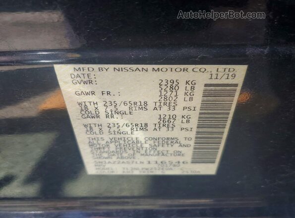 5N1AZ2AS7LN116546 2020 NISSAN MURANO Black VIN კოდის სტიკერის ხედი