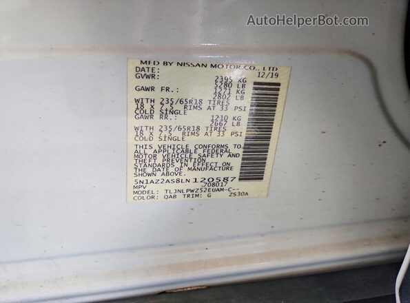 5N1AZ2AS8LN120587 2020 NISSAN MURANO White VIN sticker view