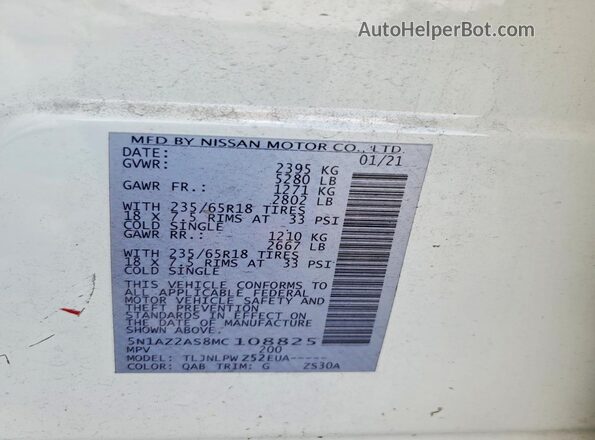 5N1AZ2AS8MC108825 2021 NISSAN MURANO White Вид наклейки з VIN-кодом