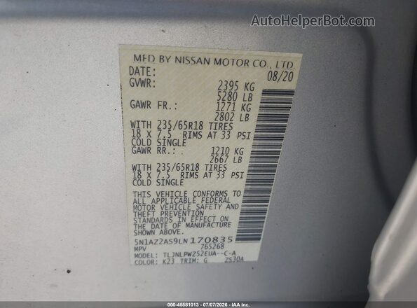 5N1AZ2AS9LN170835 2020 NISSAN MURANO Серебряный Вид подкапотного пространства