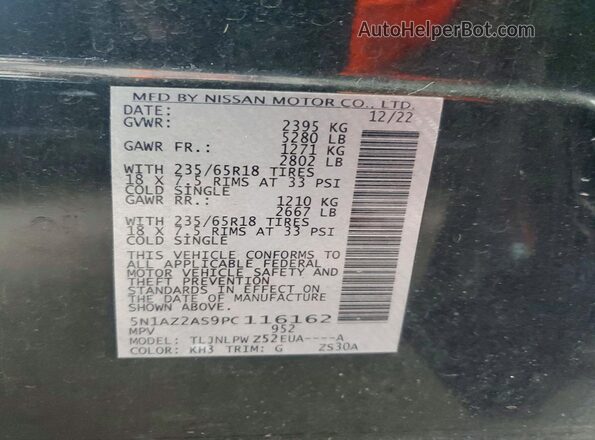5N1AZ2AS9PC116162 2023 NISSAN MURANO Black Vista de la etiqueta del VIN