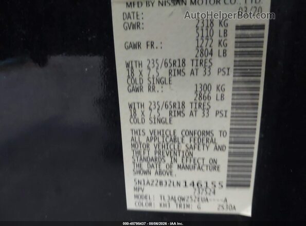 5N1AZ2BJ2LN146155 2020 NISSAN MURANO Black Widok komory silnika