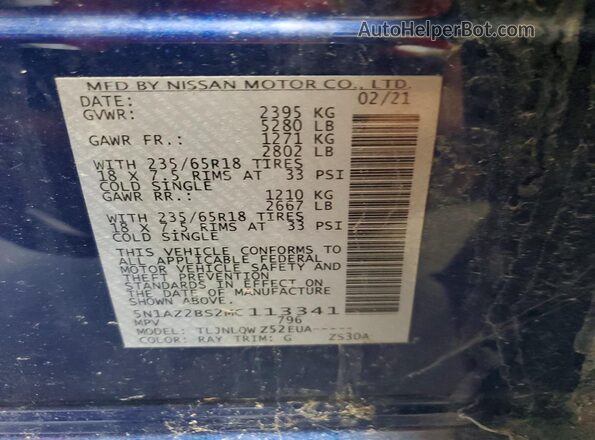 5N1AZ2BS2MC113341 2021 NISSAN MURANO Blue Vista del compartimento del motor
