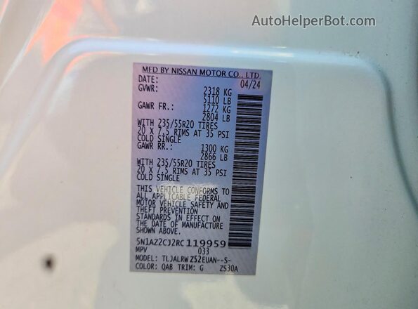 5N1AZ2CJ2RC119959 2024 NISSAN MURANO White Vista interior de 360 grados
