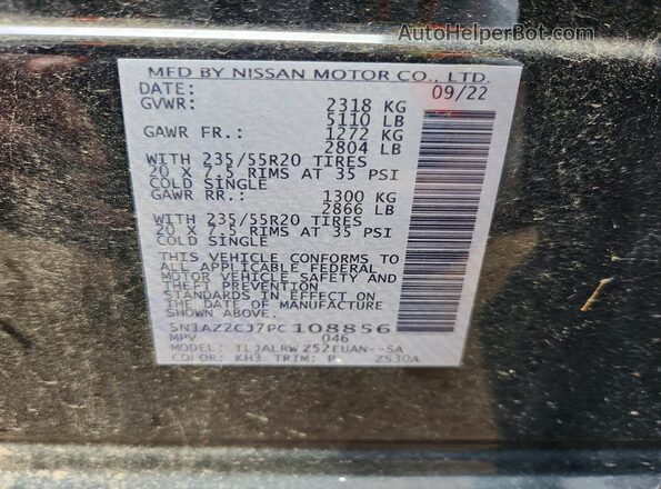 5N1AZ2CJ7PC108856 2023 NISSAN MURANO Black Vista de la etiqueta del VIN