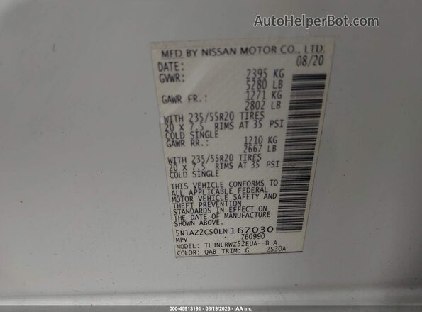 5N1AZ2CS0LN167030 2020 NISSAN MURANO Белый Вид подкапотного пространства