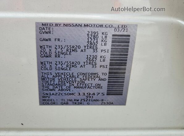 5N1AZ2CS0MC119475 2021 NISSAN MURANO White Vista de la etiqueta del VIN