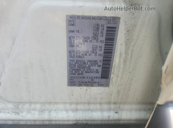 5N1AZ2CS1MC110364 2021 NISSAN MURANO White VIN կոդի պիտակի տեսք