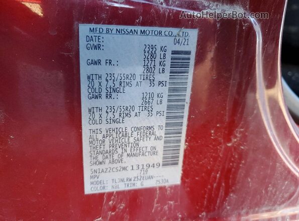 5N1AZ2CS2MC131949 2021 NISSAN MURANO Maroon Widok wnętrza 360 stopni