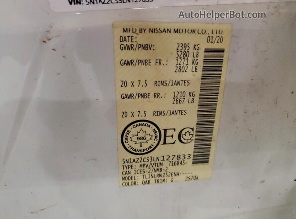 5N1AZ2CS3LN127833 2020 NISSAN MURANO White Панорамний вид салону 360°
