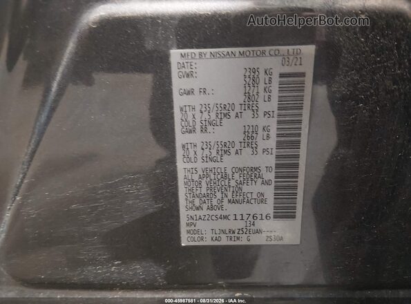 5N1AZ2CS4MC117616 2021 NISSAN MURANO Gray Engine compartment view