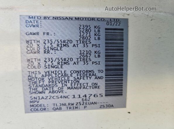 5N1AZ2CS4NC114765 2022 NISSAN MURANO Белый Вид наклейки с VIN-кодом