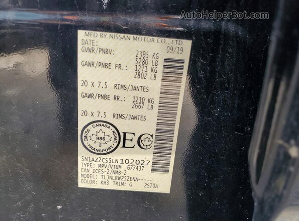 5N1AZ2CS5LN102027 2020 NISSAN MURANO Black Vista de la etiqueta del VIN