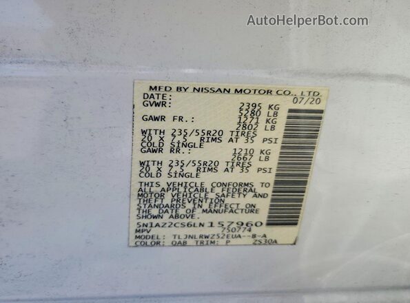 5N1AZ2CS6LN157960 2020 NISSAN MURANO White Widok naklejki z numerem VIN