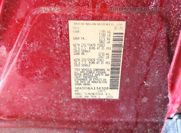 5N1AZ2CS8LN134308 2020 NISSAN MURANO Красный Панорамный вид салона 360°