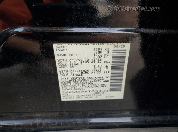 5N1AZ2CS9LN103939 2020 NISSAN MURANO Black VIN կոդի պիտակի տեսք