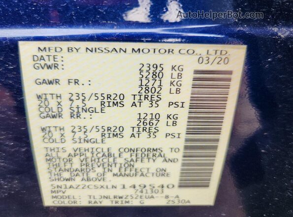 5N1AZ2CSXLN149540 2020 NISSAN MURANO Blue Vista interior de 360 grados