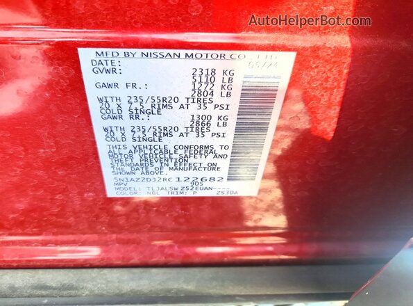 5N1AZ2DJ2RC122682 2024 NISSAN MURANO Red VIN კოდის სტიკერის ხედი