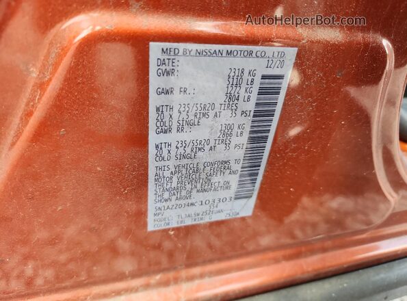 5N1AZ2DJ4MC103303 2021 NISSAN MURANO Оранжевый Вид наклейки с VIN-кодом