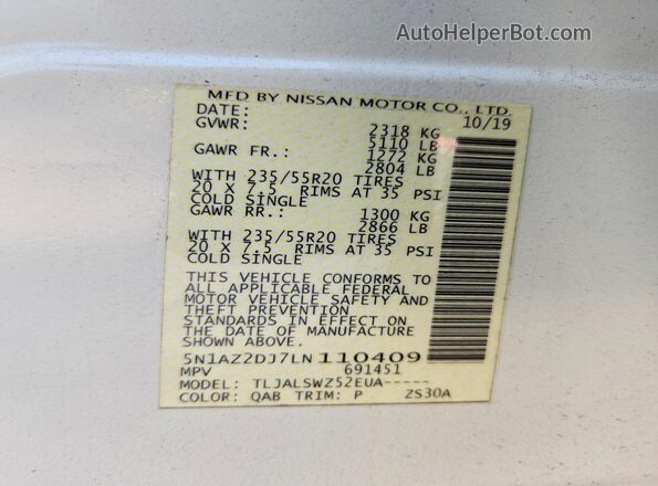 5N1AZ2DJ7LN110409 2020 NISSAN MURANO White Vista de la etiqueta del VIN