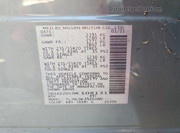 5N1AZ2DS3MC108131 2021 NISSAN MURANO Серый 