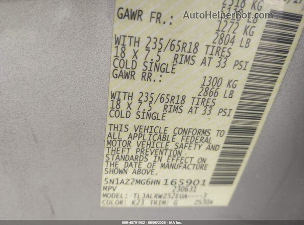 5N1AZ2MG6HN165901 2017 NISSAN MURANO Серебряный Вид подкапотного пространства