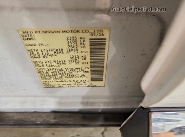 5N1AZ2MH0GN142301 2016 NISSAN MURANO White 360 interior view