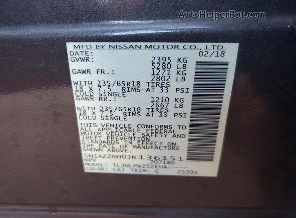 5N1AZ2MH0JN136151 2018 NISSAN MURANO Brown Vista de la etiqueta del VIN