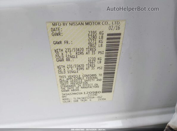 5N1AZ2MH2GN120980 2016 NISSAN MURANO White Widok komory silnika