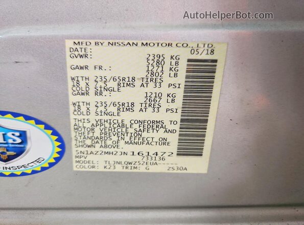 5N1AZ2MH2JN161472 2018 NISSAN MURANO Silver VIN կոդի պիտակի տեսք